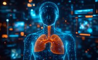 Digital visualization of glowing human lungs inside translucent blue body silhouette against dark background with bokeh lights, representing respiratory system and medical science.