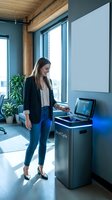 Young businesswoman using smart recycling bin in modern office with wooden beams and blue walls for sustainable workplace practices.