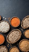 Assorted legumes and pulses in wooden bowls on dark slate surface, including white beans, orange lentils, and chickpeas for cooking and nutrition.