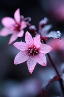 Pink delicate flower with water drops on petals against dark background, macro photography showing intricate details and morning dew in soft natural light.