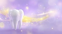 White molar tooth floating in magical purple sky with golden glitter and sparkles, dental care concept for healthcare and medical presentations.