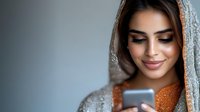 Young woman in cozy orange sweater smiling while looking at smartphone screen, wearing soft gray scarf wrapped around head, natural makeup and gentle expression.