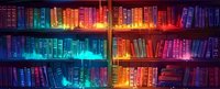 Magical library bookshelves illuminated with vibrant neon lights creating rainbow gradient effect from cool blue to warm orange and purple, perfect for education or fantasy designs.