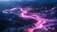 Glowing pink neon light trails curve through dark blue background with bokeh effect, creating futuristic technology concept for digital transformation designs.