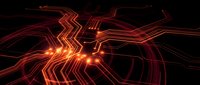 Abstract red orange glowing circuit board pathways with bright energy core on black background for technology and digital innovation concepts.