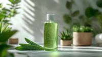 Green transparent bottle with natural aloe vera gel on white table with fresh plant leaves and succulents in pots, sunlight and shadows, spa wellness concept.