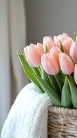 Fresh pink tulips in woven basket with white knitted throw blanket, soft natural window light creates gentle spring atmosphere for home decor and lifestyle design.