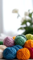 Colorful yarn balls in various shades arranged on table with blurred flowers in background for knitting and crochet projects in bright interior space.