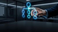 Businessman touching glowing organizational chart with neon blue lines in modern office, representing corporate hierarchy, team structure, and digital management systems.