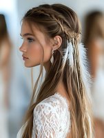 Young Caucasian woman with long brown hair styled with feathers and braids, wearing white lace dress, photographed in profile view showing delicate features and natural makeup.