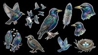 Colorful iridescent birds collection isolated on transparent background. Includes flying birds, perched songbirds, feathers, and nest with eggs. Ready for t-shirt design, clipart, stickers, and print-on-demand projects.