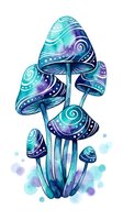 Watercolor fantasy mushrooms with cosmic swirls in blue and purple tones isolated on white background for mystical design projects.