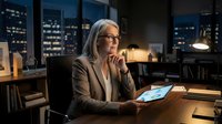Senior businesswoman with gray hair and glasses working late at night in modern office with city skyline view, using tablet for business analysis and planning.