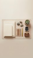 Minimalist beige workspace flat lay with notebooks, wooden pens, succulent plant and natural stones arranged on neutral background for office branding.