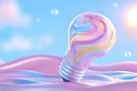 Glowing light bulb filled with swirling pastel colors against dreamy pink and blue background with floating bubbles, representing creative inspiration and innovation.