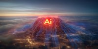 Glowing AI symbol with digital neural network connections spreading across cloudy sunset sky, representing artificial intelligence and machine learning technology.