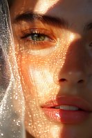 Close up of young woman's face with green eyes and coral lips in golden sunlight through sheer fabric creating sparkle effect, beauty portrait with natural glow.