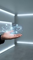 Businessman hand holding holographic network connections with glowing data nodes and digital communication links in modern office environment.