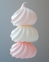 Stack of three colorful soft serve ice cream swirls in pink and white flavors on neutral background for dessert and food design projects.