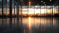 Modern office interior with glass walls reflecting dramatic sunset sky and city lights. Floor-to-ceiling windows create mirror effect with warm golden sunlight.