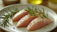 Fresh raw tuna sashimi slices with rosemary herbs and black pepper seasoning on white plate, ready for gourmet Japanese cuisine preparation and cooking.