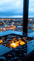 Wet stones on window ledge at dusk with blurred city lights bokeh in background, creating moody atmospheric scene with raindrops and golden illumination.