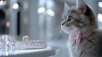 Fluffy gray cat wearing pink collar admiring sparkling tiara crown on blurred bokeh background, dreamy princess concept for pet fashion and luxury.