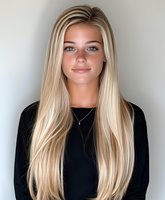 Young woman with long straight blonde hair and natural makeup wearing black top against light background, modern casual style portrait.