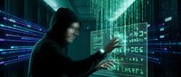 Hooded hacker in dark environment manipulating digital data streams and code matrices for cybersecurity and technology concepts.