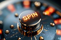 Glowing spin button on dark control panel with dramatic lighting and metallic reflections, creating futuristic gaming atmosphere. Macro photography with shallow depth.