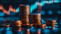 Stacked coins against blurred financial chart background in blue tones, representing wealth, investment growth and market analysis. Macro photography with selective focus.