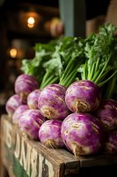 Fresh purple turnips with green leafy tops displayed in rustic wooden crate at farmers market. Organic root vegetables for healthy cooking and farm-to-table dining.