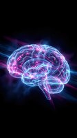 Glowing neon brain with electric neural pathways and energy waves on dark background for neuroscience and artificial intelligence concepts.