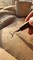 Close-up of hand holding calligraphy pen writing on textured paper with cozy sweater and mug in background, perfect for creative writing and artistic projects.