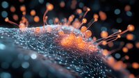 Microscopic orange virus particles on blue digital network surface, glowing spikes emerging from molecular structure in dark background. Scientific visualization.