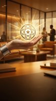 Hand holding glowing geometric star symbol with radiating light in modern office environment, representing innovation, success, and business excellence for corporate presentations.