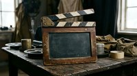 Vintage film clapper board with weathered wooden frame and blank chalkboard slate on rustic table, surrounded by filmmaking equipment and supplies for cinema production.