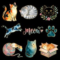 Cute cat collection featuring sitting, sleeping, and playful felines with yarn ball, paw print, and box elements. Isolated on transparent background, ready for t-shirts, stickers, clipart, and print-on-demand designs.