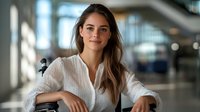Young professional businesswoman with long brown hair in white shirt standing confidently in modern office building lobby or airport terminal interior.