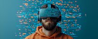Bearded man wearing VR headset surrounded by glowing digital data visualization elements against turquoise background, exploring virtual reality technology.