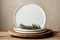 Stacked rustic ceramic plates with speckled glaze and fresh rosemary on wooden board, neutral background for food styling or kitchen decor.
