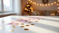 Pink and gold confetti scattered on white surface with warm bokeh lights creating festive party atmosphere for celebrations and special events.