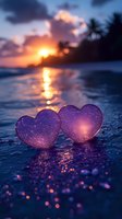 Two glittering purple hearts on tropical beach at sunset with palm trees and ocean waves reflecting golden light creating romantic atmosphere.