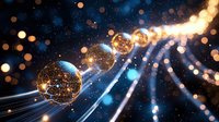 Glowing golden spheres connected by light streams against dark starry background with bokeh effects and blue luminous rays create cosmic atmosphere.