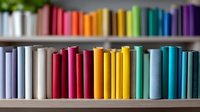 Colorful books arranged in rainbow spectrum order on wooden shelves create vibrant gradient display, modern minimalist library organization concept for home decor and interior design.