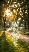 Glowing white line art of dancing woman with hearts in sunny park setting with golden bokeh light filtering through trees and pathway.
