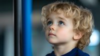 Young Caucasian boy with curly blonde hair and bright blue eyes gazing upward with wonder and curiosity against blurred background, wearing blue shirt, childhood innocence captured.