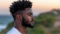 Young African American man with natural hair and beard in white t-shirt looking thoughtfully at sunset, side profile portrait against blurred coastal background.