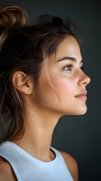 Young woman with long dark brown hair styled in a half-up bun, medium skin tone, wearing light blue tank top against dark background. Profile portrait.