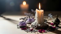 Mystical altar setup with burning candle, amethyst crystals, pentagram pendant and ritual tools for spiritual practices and meditation ceremonies.